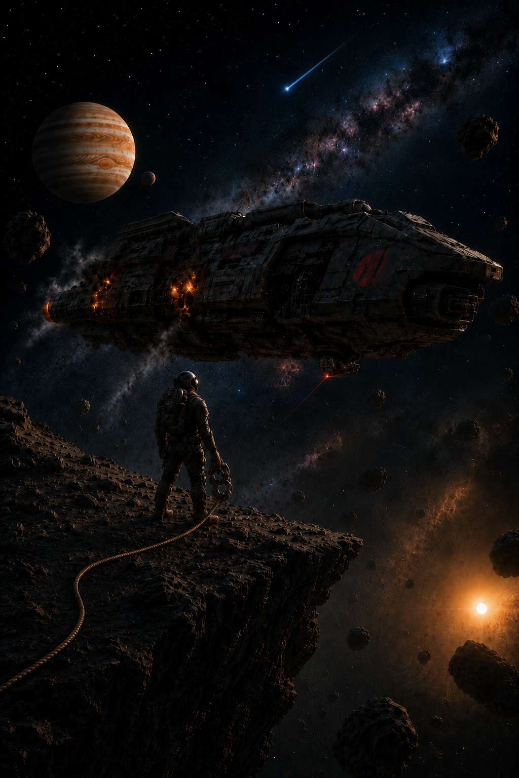 Rock Hoppers: A House Against the Dark — Bodhi on an asteroid beneath the Resolute, with Jupiter and the sun beyond